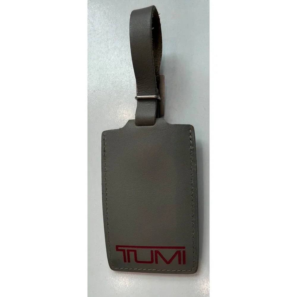 Tumi Grey Leather Luggage Tag Red Logo Buckle Strap Travel Accessory